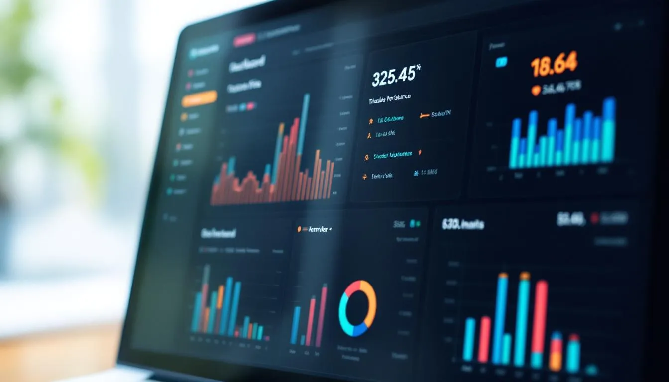 The image depicts a modern data analytics dashboard across multiple monitors, showcasing student performance metrics and institutional KPIs, illustrating the digital transformation efforts of higher education institutions. This visual representation emphasizes the use of advanced analytics and digital tools to enhance student success and operational efficiency in educational environments.