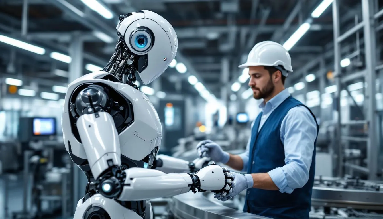 The image depicts a collaborative robot working alongside a human worker on the factory floor in a modern manufacturing environment. This partnership highlights the integration of digital technologies and advanced robotics, which are essential for successful digital transformation in the manufacturing industry.