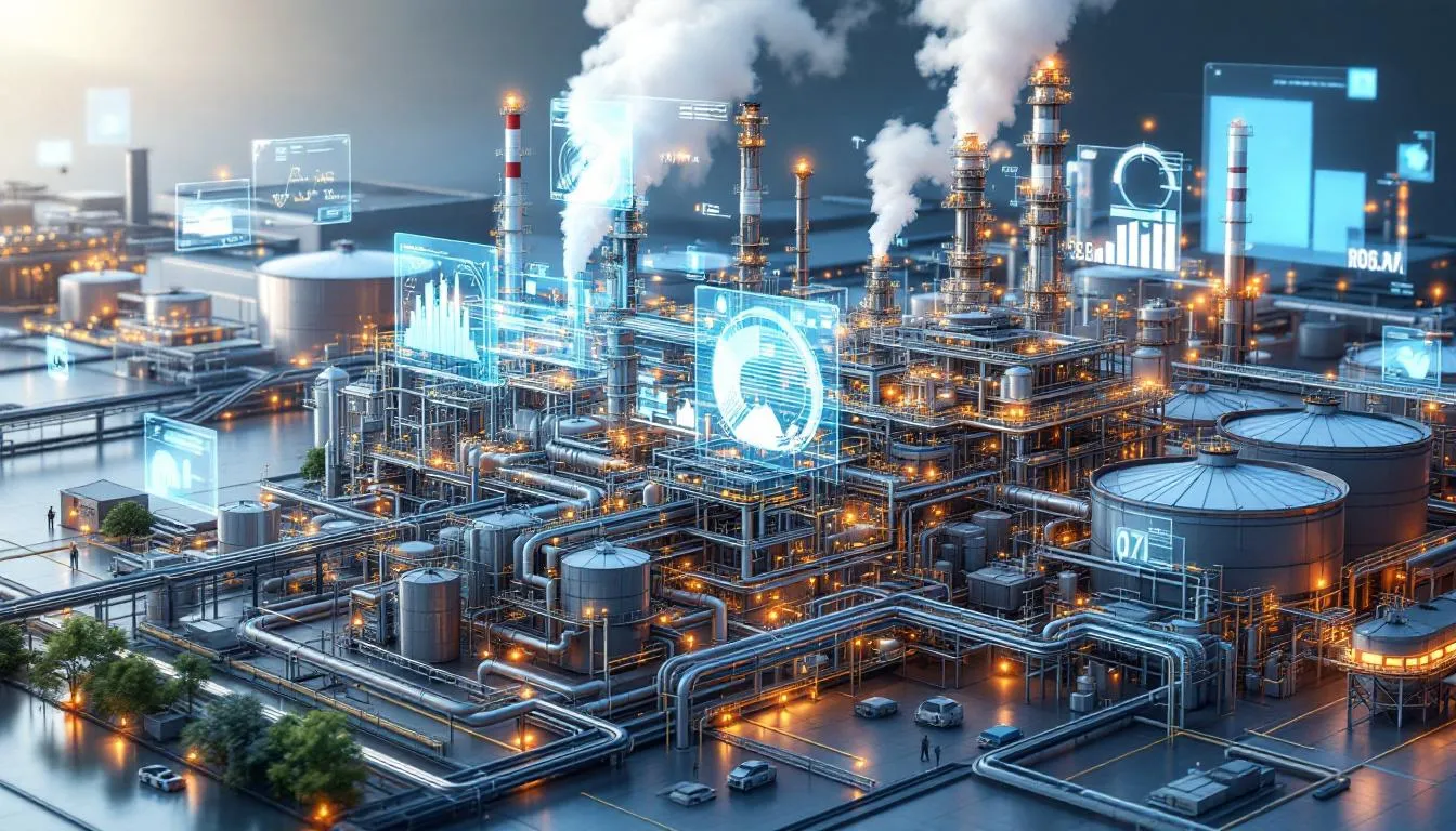 The image depicts a digital twin visualization of an oil refinery, showcasing a detailed 3D model enhanced with real-time data overlays. This representation illustrates the digital transformation in the oil and gas industry, emphasizing operational efficiency and predictive maintenance through advanced digital technologies.