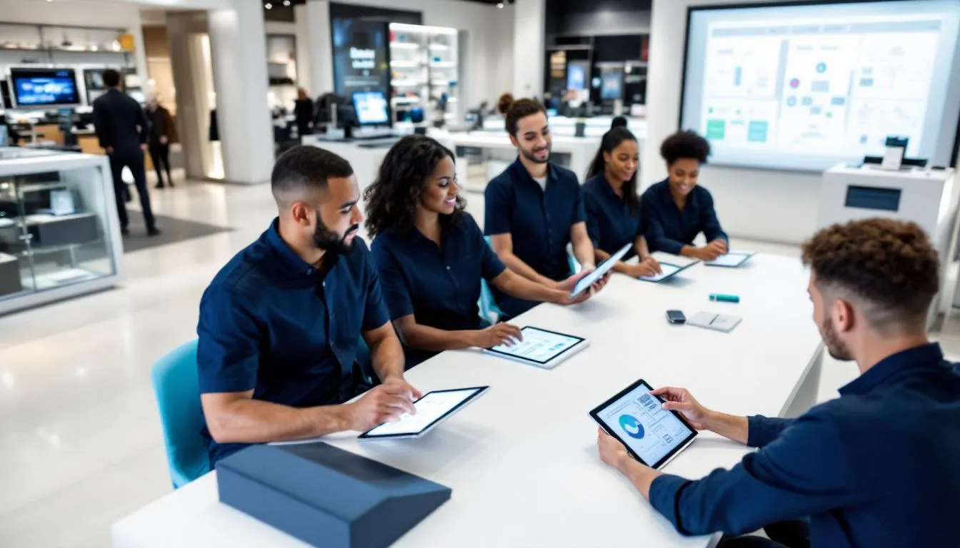 A diverse team of retail employees is engaged in training on tablets and digital tools within a modern store environment, focusing on enhancing customer experiences and improving operational efficiency through digital transformation in retail. This training emphasizes the use of digital technologies to better understand customer behavior and streamline retail operations.