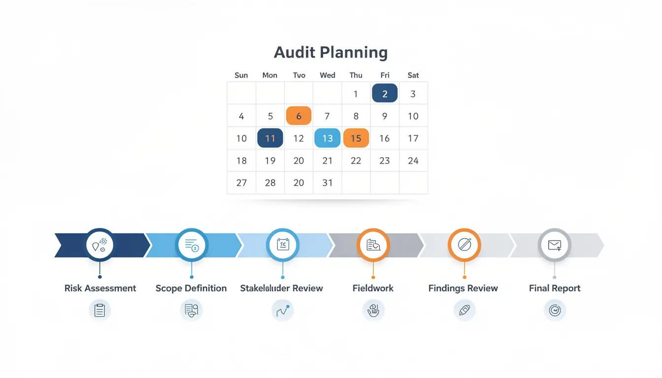 The image depicts a calendar and timeline illustrating key milestones in the audit planning process, including phases such as risk assessment, internal controls testing, and the drafting of the final audit report. It highlights the systematic approach taken by the audit team to ensure compliance with applicable laws and regulations while providing assurance on the organization's operations.