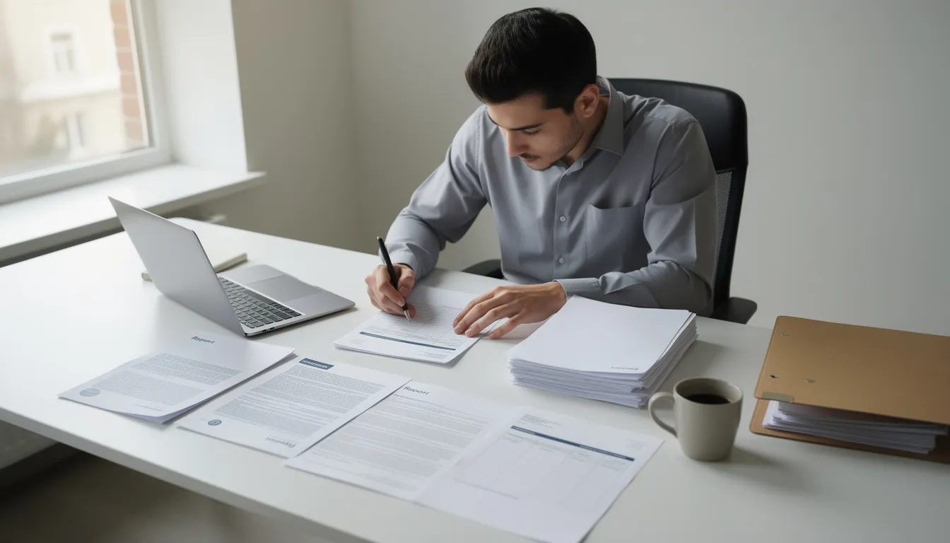 A person sits at a desk, reviewing various documents related to banking services, including financial reports and account applications. The scene suggests an emphasis on assessing risk and ensuring accurate information for new bank accounts, reflecting the importance of consumer reports and identity protection in financial institutions.