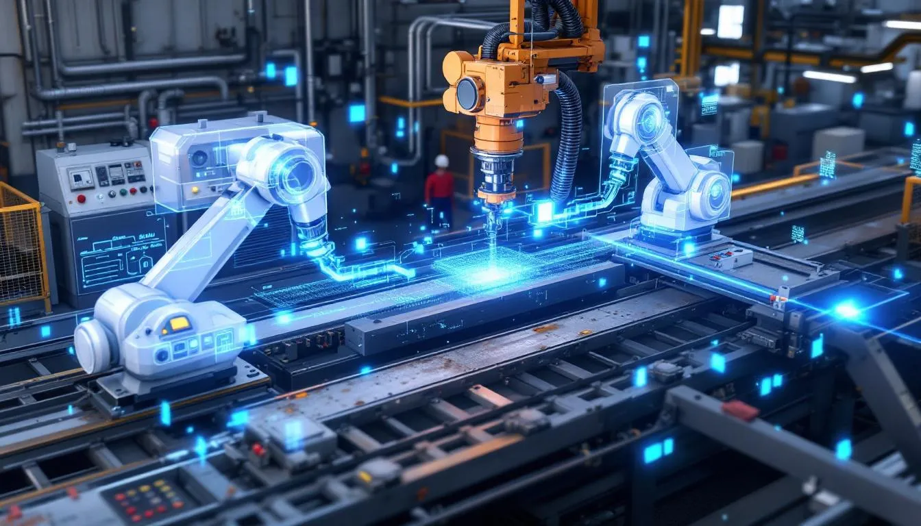 The image depicts a digital twin visualization that juxtaposes virtual manufacturing equipment with actual factory components, illustrating the integration of digital technologies in the manufacturing environment. This representation highlights the digital transformation journey of manufacturing companies, showcasing how digital solutions enhance operational efficiency and quality control in production processes.