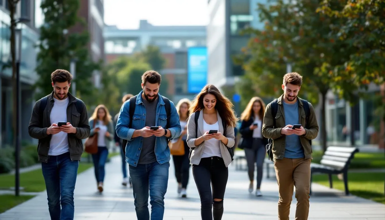 A group of students is seen walking across a university campus, each engaged with their smartphones and tablets to access various university services. This scene highlights the digital transformation in higher education, showcasing how emerging digital technologies enhance student access and support their learning experiences.