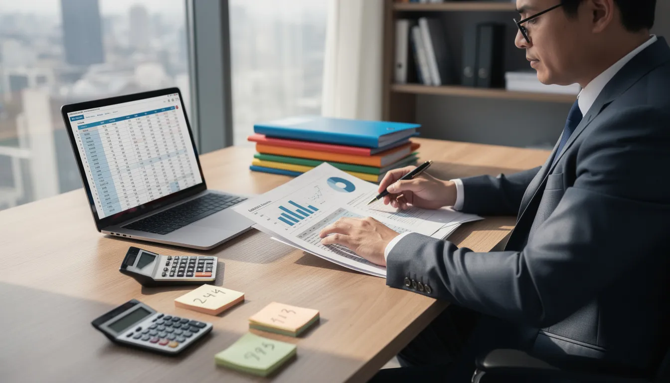 An auditor is seated at a desk, intently reviewing financial documents and working on a laptop, focusing on the audit procedures necessary for the evaluation phase of the internal audit function. The scene conveys a systematic approach to ensuring compliance with applicable laws and assessing the organization's operations.