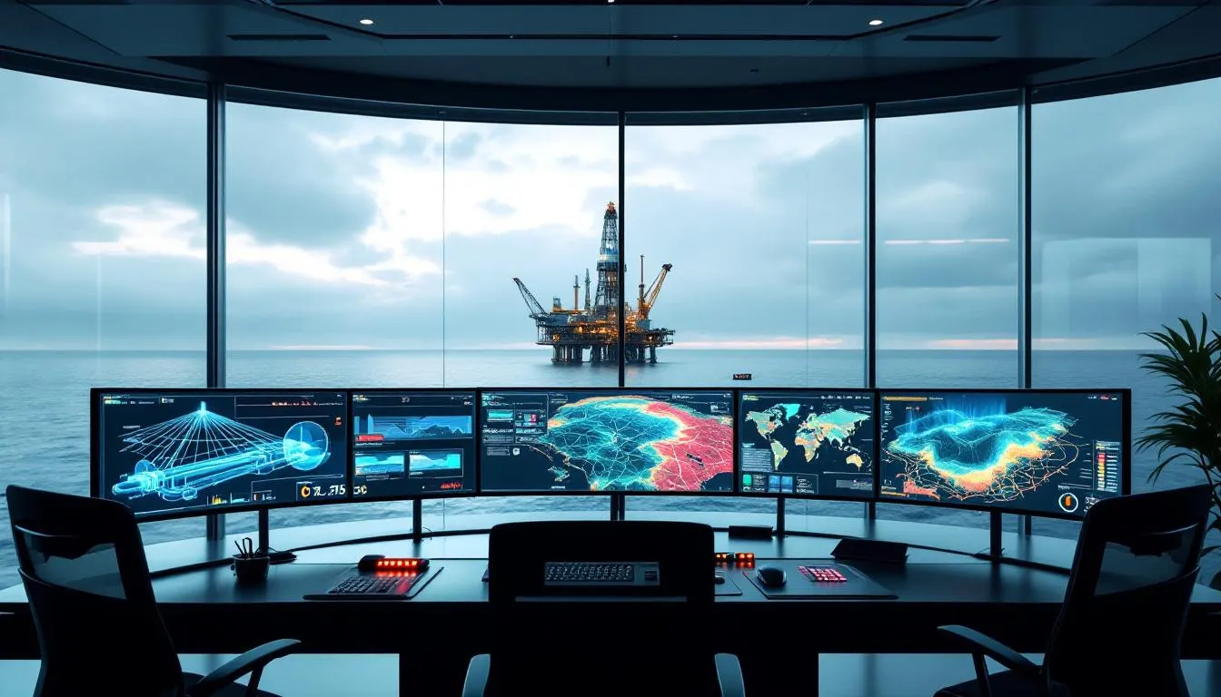The image depicts a modern digital control room filled with multiple screens displaying real-time data related to oil and gas operations. This setup highlights the digital transformation journey within the oil and gas industry, showcasing advanced digital tools and technologies that enhance operational efficiency and data-driven decision making.
