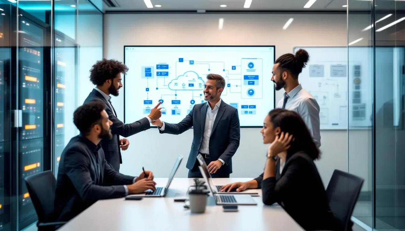 An IT team is collaborating to implement a digital transformation framework, utilizing cloud infrastructure and advanced digital technologies to enhance business processes and improve customer experiences. This initiative aims to optimize operations and adapt to rapidly changing customer expectations through innovative solutions and digital tools.