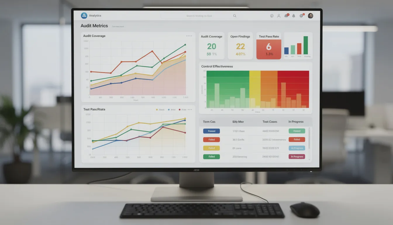 The image depicts a data analytics dashboard on a computer screen, showcasing various audit metrics and testing results, including insights on the organization's internal controls and risk assessment. This visual representation aids the audit team in monitoring processes, ensuring compliance with applicable laws, and facilitating the overall assessment of financial reporting and audit findings.