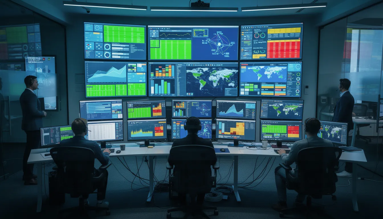 The image depicts a modern IT operations center featuring multiple monitors that showcase vibrant dashboards and metrics related to incident management and response. This setup emphasizes the importance of effective incident management processes, enabling IT teams to resolve incidents faster and support proactive measures against future incidents.
