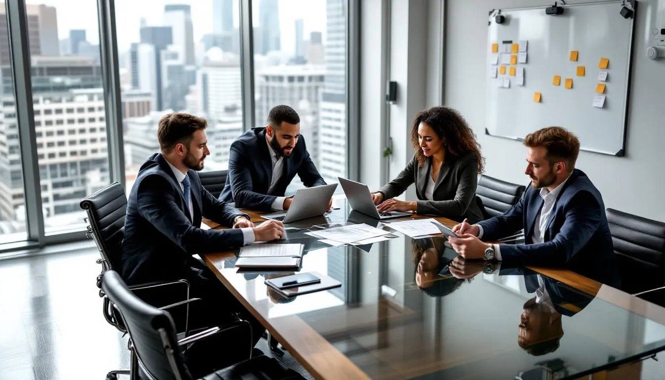 In a modern conference room, university administrators are engaged in a discussion while reviewing digital strategy documents focused on digital transformation initiatives for higher education institutions. The scene highlights the importance of emerging digital technologies and their role in enhancing business processes and supporting student success.