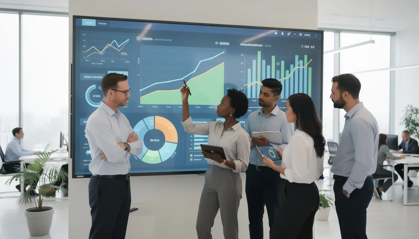A diverse team of professionals is gathered in a bright office, intently analyzing charts and graphs displayed on a large wall screen, highlighting their collaboration in effective incident management processes. The scene reflects a commitment to leveraging data for improved incident response and proactive measures in IT operations.