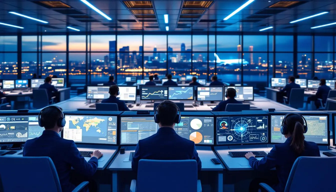 The image depicts a modern airline operations center featuring multiple digital displays showcasing real-time data analytics and flight operations. This advanced setup emphasizes the digital transformation in the airline industry, integrating digital technologies to enhance operational efficiency and improve customer engagement.