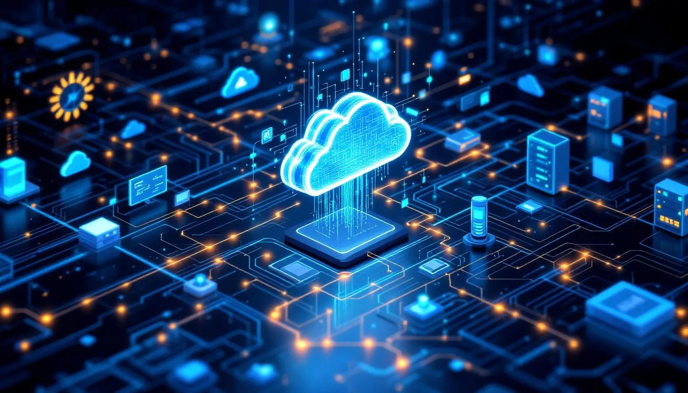 The image depicts a modern IT infrastructure, showcasing cloud computing and various digital transformation technologies that enhance business processes and customer experiences. Elements such as advanced technologies and digital tools are illustrated, highlighting the importance of digital transformation in optimizing operations and meeting changing customer expectations.