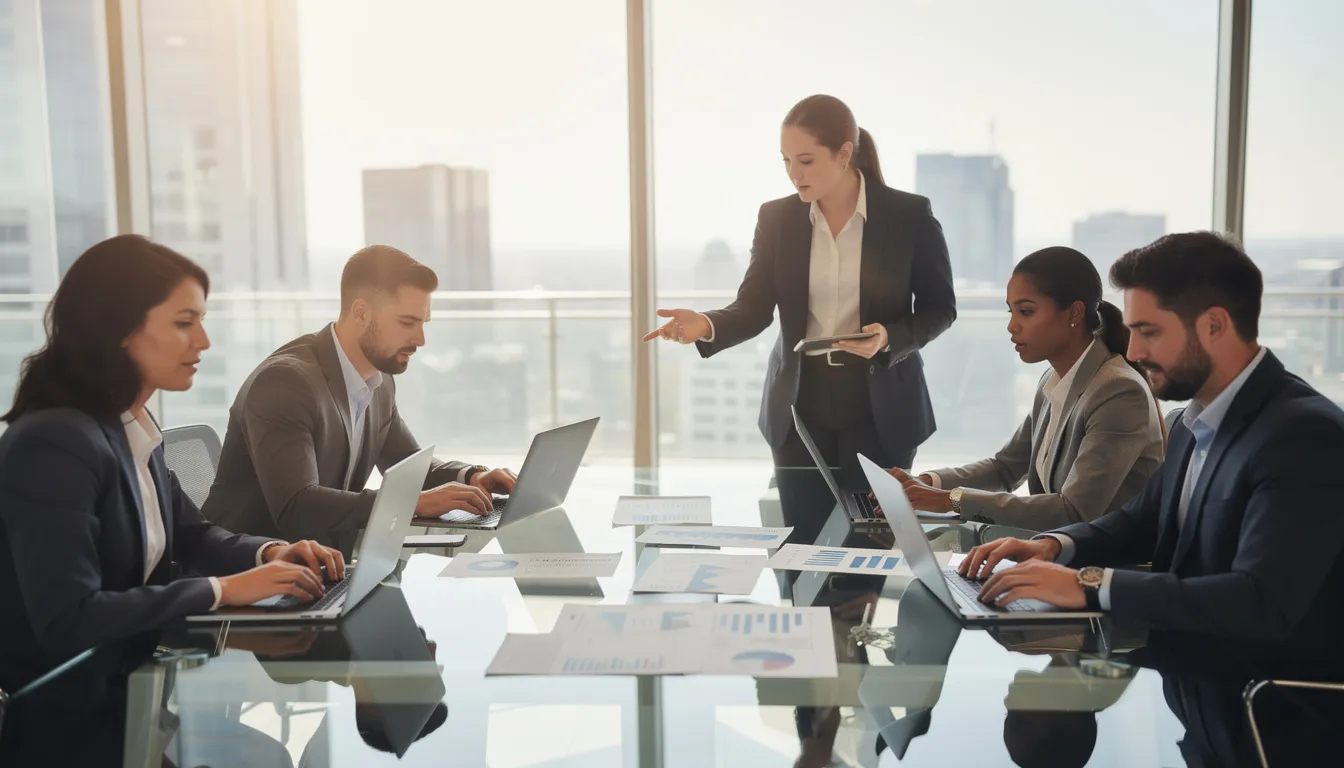 A diverse team of professionals is collaborating around a conference table, equipped with laptops and documents, discussing the loan origination process. Their teamwork reflects the importance of operational efficiency and regulatory compliance in the lending process.