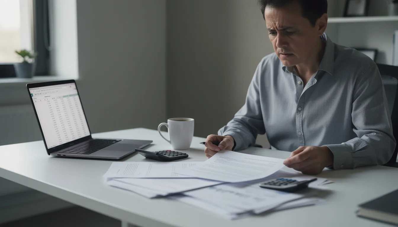A concerned person is sitting at a desk, reviewing financial documents that likely include details about their bank account and credit history. The expression on their face suggests they are assessing risk related to their personal finance, possibly in connection with identity theft or inaccurate information from consumer reporting agencies.