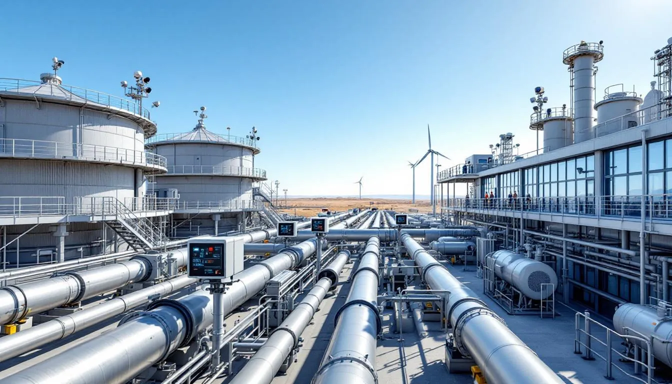 The image depicts a modern oil and gas facility equipped with advanced digital sensors and monitoring equipment, showcasing the integration of digital technologies in the oil and gas industry. This facility highlights the ongoing digital transformation journey aimed at improving operational efficiency and enhancing data-driven decision-making in oil and gas operations.