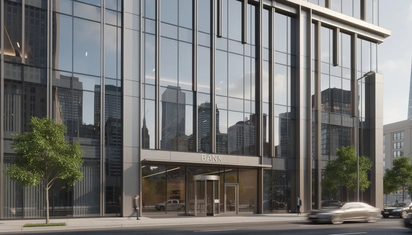 The image depicts a modern bank building with a sleek exterior featuring large glass windows that reflect the surrounding city skyline, symbolizing the role of financial institutions in personal finance and banking history. This contemporary architecture represents the evolution of banking services and the importance of secure transactions in today's economy.