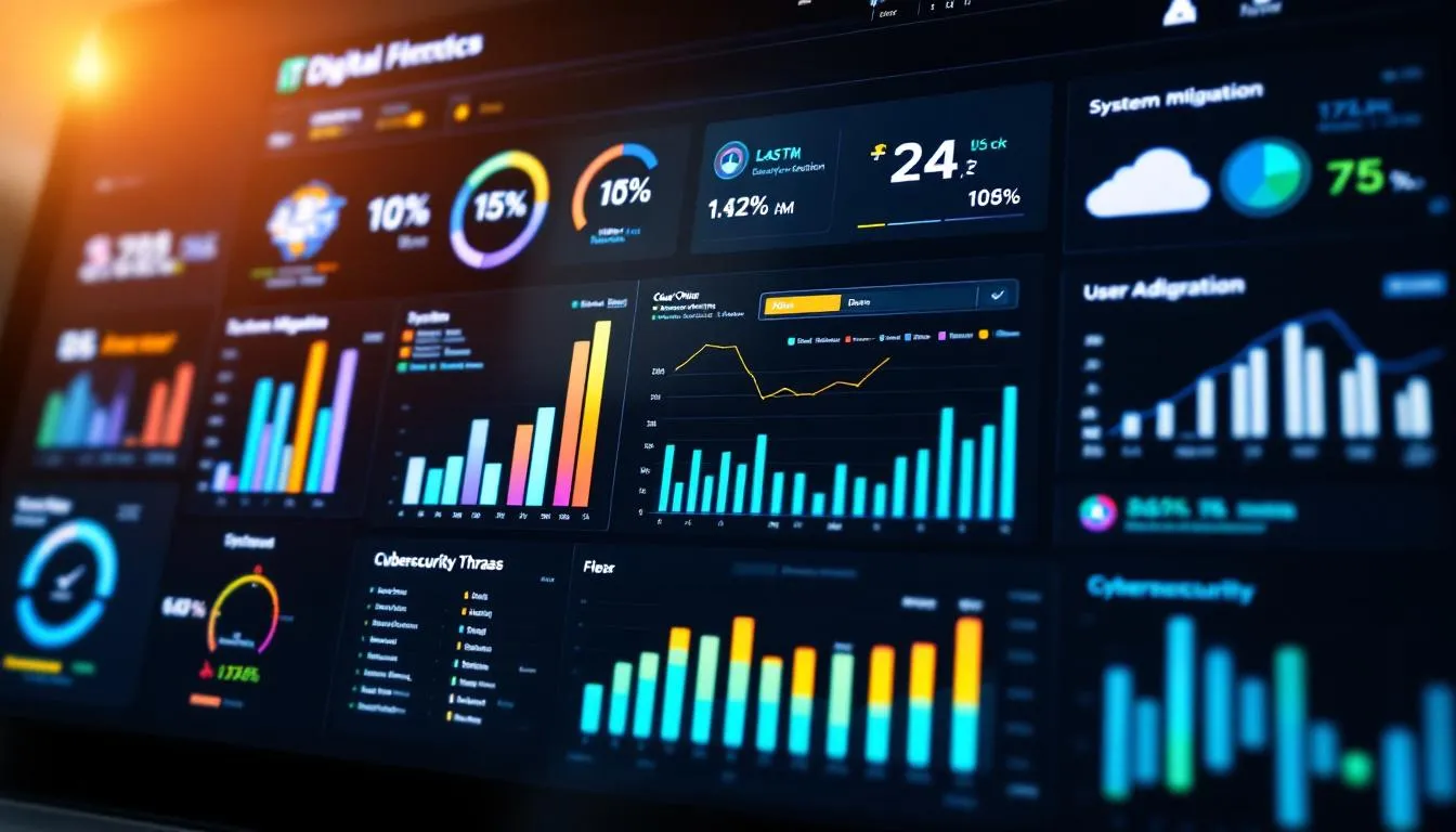 The image features a dashboard displaying key performance indicators (KPIs) and success metrics related to IT digital transformation initiatives. It highlights various aspects of digital transformation strategies, showcasing how digital technologies enhance business processes and improve customer experiences.