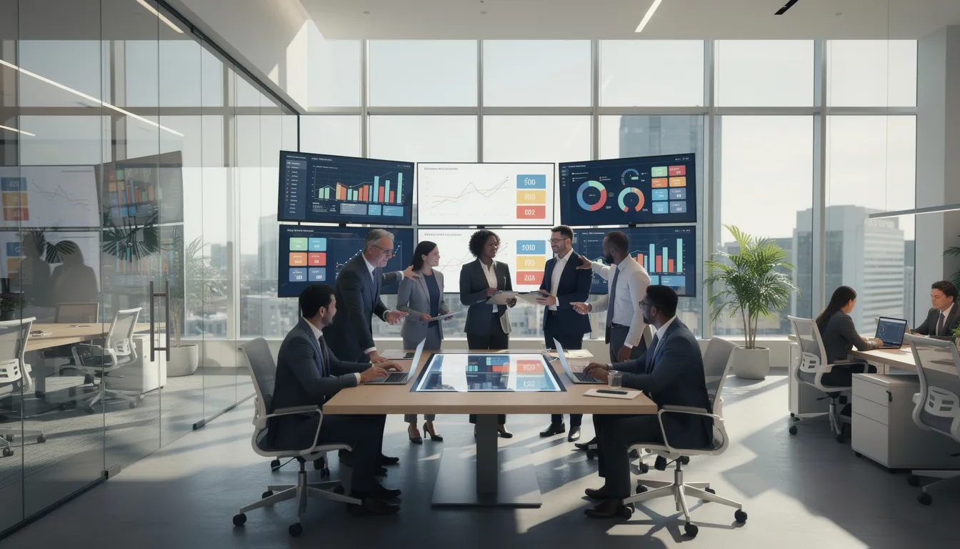 A group of business professionals is collaborating in a modern office setting, engaging with digital dashboards and screens to enhance business process management. They are focused on optimizing processes and leveraging digital tools to drive successful digital transformation initiatives and improve operational efficiency.