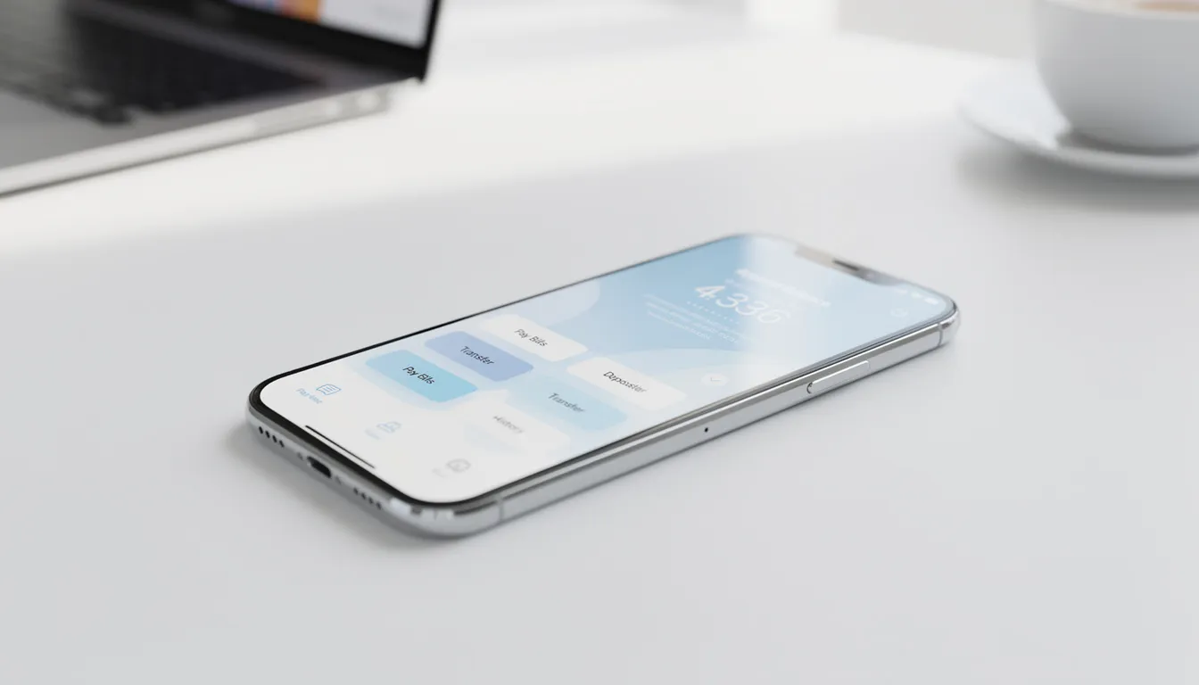 A modern smartphone screen displays a banking app featuring an account balance and various payment options, illustrating how consumers manage their personal finance with financial institutions. The interface emphasizes the importance of secure transactions and accurate banking history for assessing risk and preventing fraud.