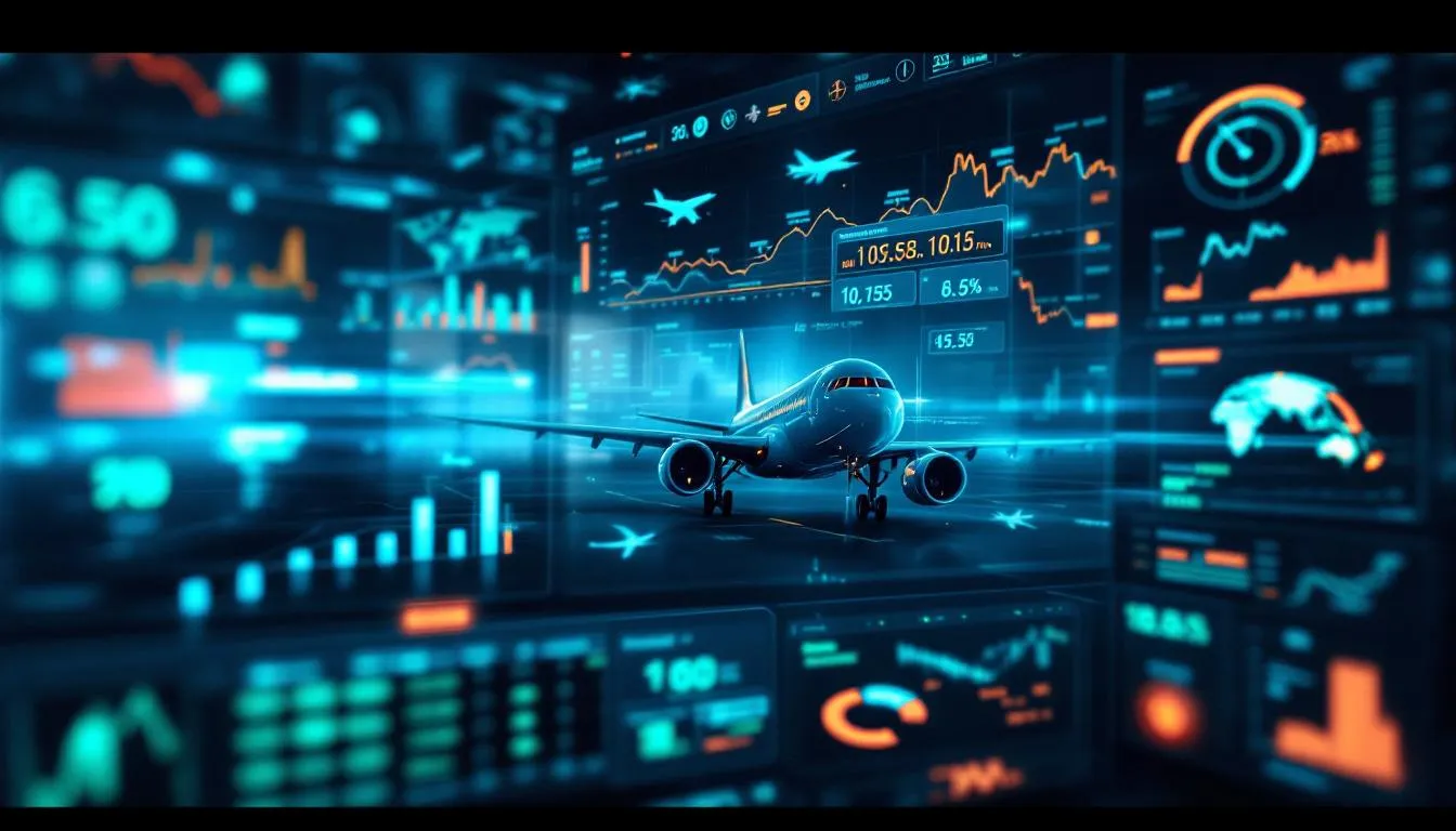 The image depicts an AI-powered airline operations dashboard displaying real-time flight and passenger data, showcasing digital technologies that enhance operational efficiency in the aviation industry. This digital transformation tool leverages data analytics to streamline operations and improve customer experience.