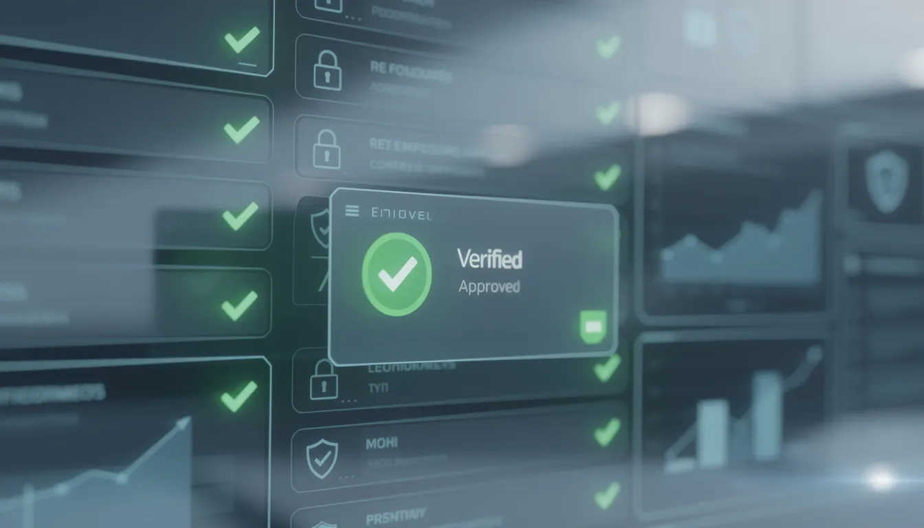 The image depicts a secure digital interface featuring various data verification checkmarks and approval symbols, highlighting the streamlined loan origination process. This visual representation emphasizes the importance of data integrity and automated compliance checks within lending operations to enhance operational efficiency for financial institutions.