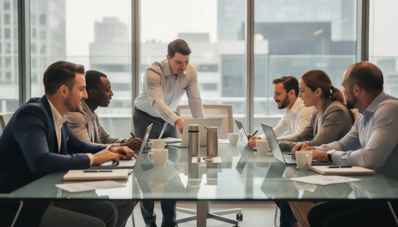 A diverse team of engineers is collaborating around a conference table, equipped with laptops and coffee cups, discussing incident management processes and strategies to resolve incidents effectively. Their focus on teamwork highlights the importance of communication and knowledge sharing in incident response and IT operations.
