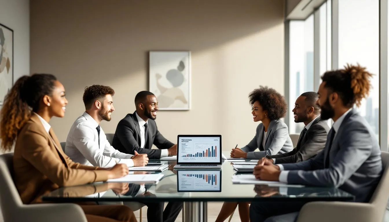 An executive team is engaged in a meeting, discussing their IT digital transformation strategy, focusing on integrating new digital technologies to enhance business processes and improve customer experience. They are exploring various digital transformation initiatives aimed at optimizing operations and adapting to changing customer expectations in the digital age.