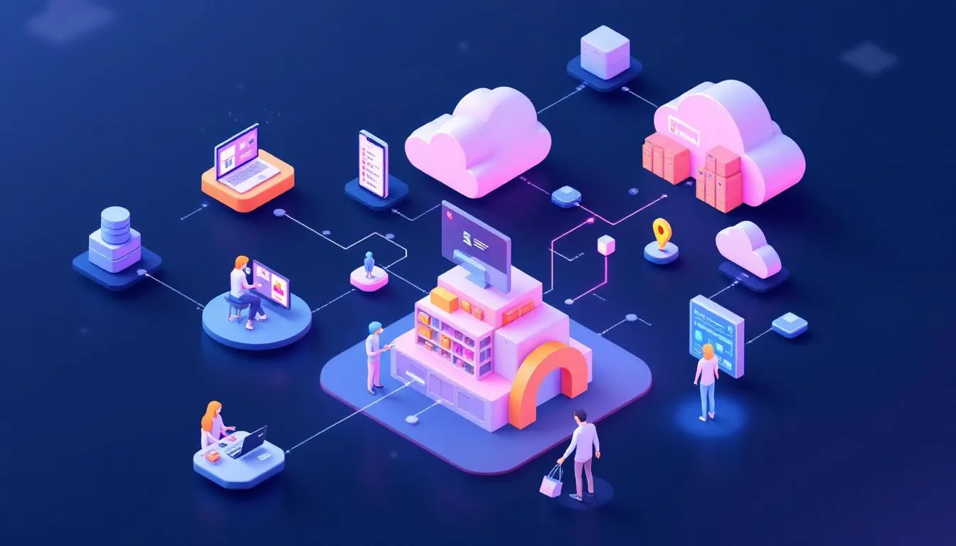The image illustrates a complex network diagram that showcases interconnected retail systems and data flows, highlighting how digital transformation in retail enhances customer experience through the integration of digital technologies and data analytics. Key elements include inventory management, customer interactions, and supply chain processes, emphasizing the importance of real-time data for improved operational efficiency and customer satisfaction.