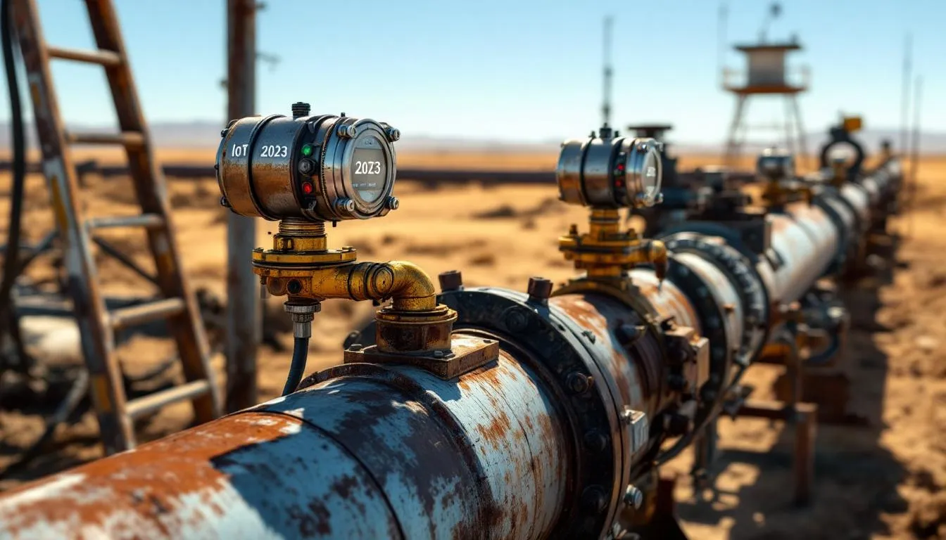 The image depicts industrial IoT sensors strategically installed on an oil and gas pipeline infrastructure, showcasing the integration of digital technologies in the oil and gas industry. These sensors are essential for real-time data collection and predictive maintenance, contributing to operational efficiency and supporting the digital transformation journey of oil and gas companies.