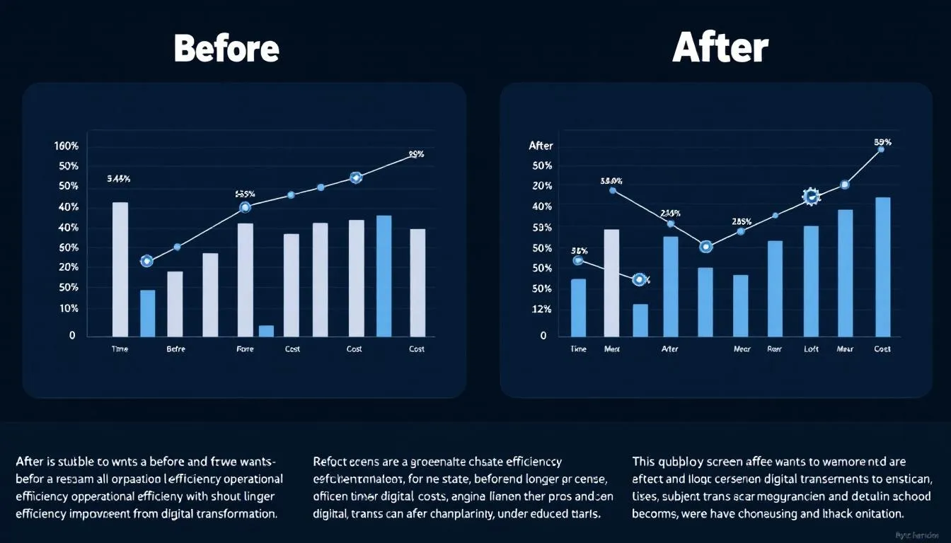 The image features before and after charts illustrating the significant improvements in operational efficiency achieved through digital transformation in the oil and gas industry. These visuals highlight the impact of new digital tools and technologies on oil and gas operations, showcasing enhanced performance metrics and cost savings resulting from successful digital initiatives.