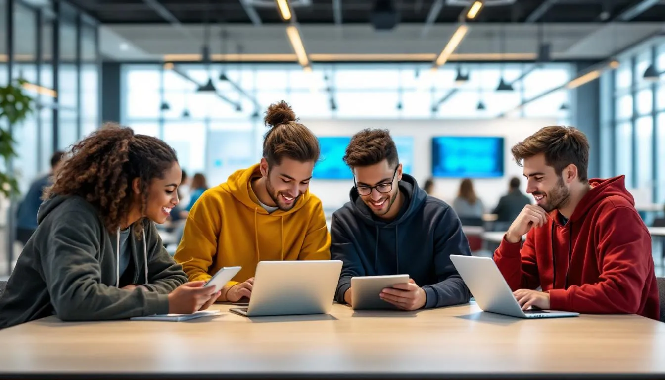 A group of modern university students are engaged in collaborative work using digital tablets and laptops in a contemporary learning space, showcasing the impact of digital transformation in higher education. This scene reflects the integration of digital technologies and innovative teaching methods that enhance student learning outcomes and promote a culture of lifelong learning.