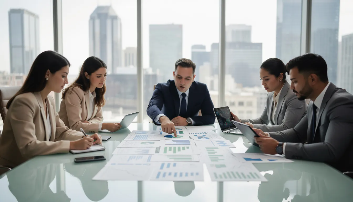 A group of business professionals is gathered in a conference room, collaboratively reviewing financial documents and audit reports, focusing on internal controls and risk assessment to ensure compliance with applicable laws. They are engaged in discussions about audit findings and planning for effective resource allocation to enhance the organization's operations.