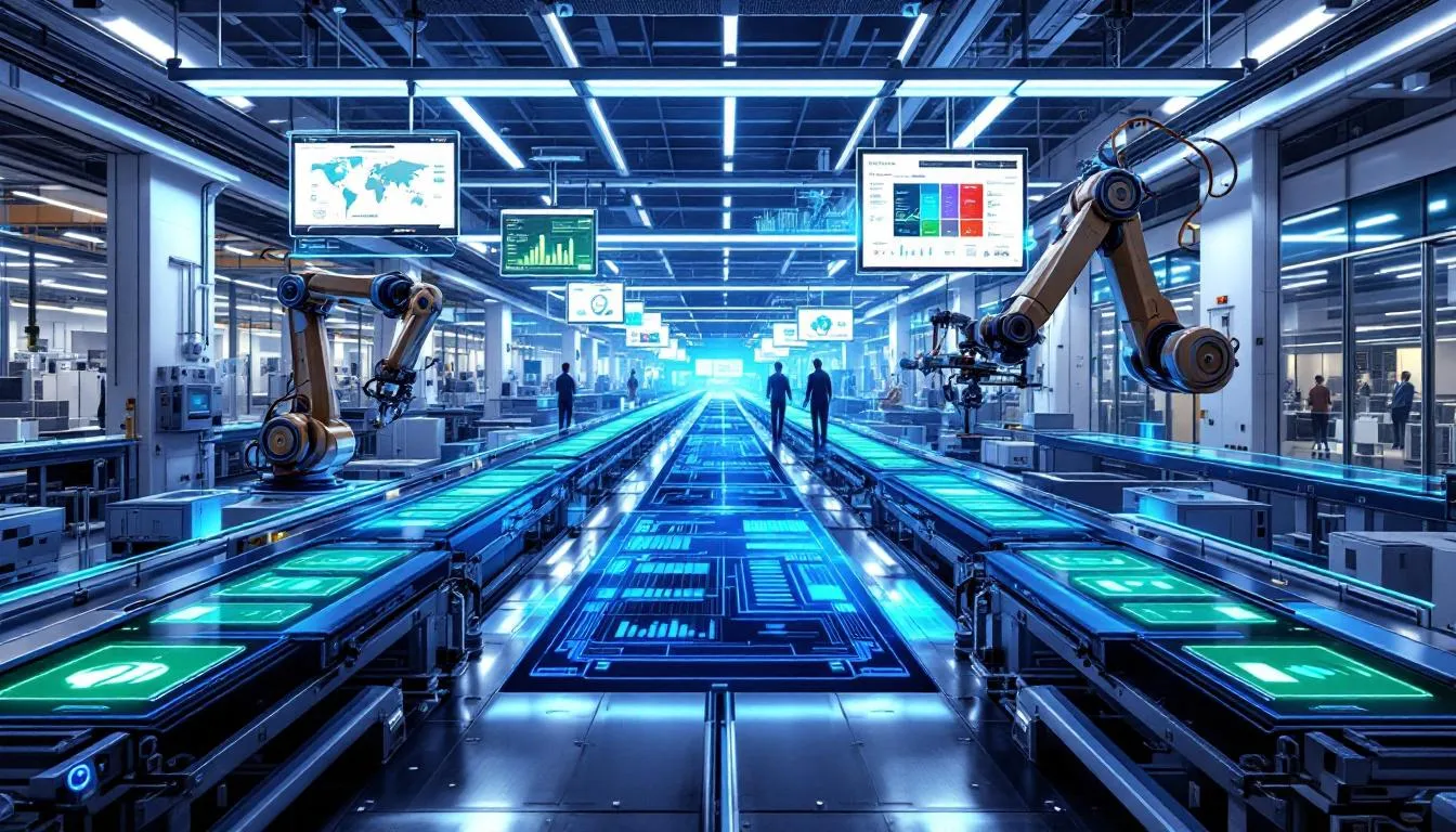 The image depicts a modern smart factory floor filled with interconnected manufacturing equipment and digital displays, showcasing the integration of digital technologies in the manufacturing industry. This environment highlights the ongoing digital transformation efforts aimed at enhancing operational efficiency and improving quality control through real-time data and advanced analytics.