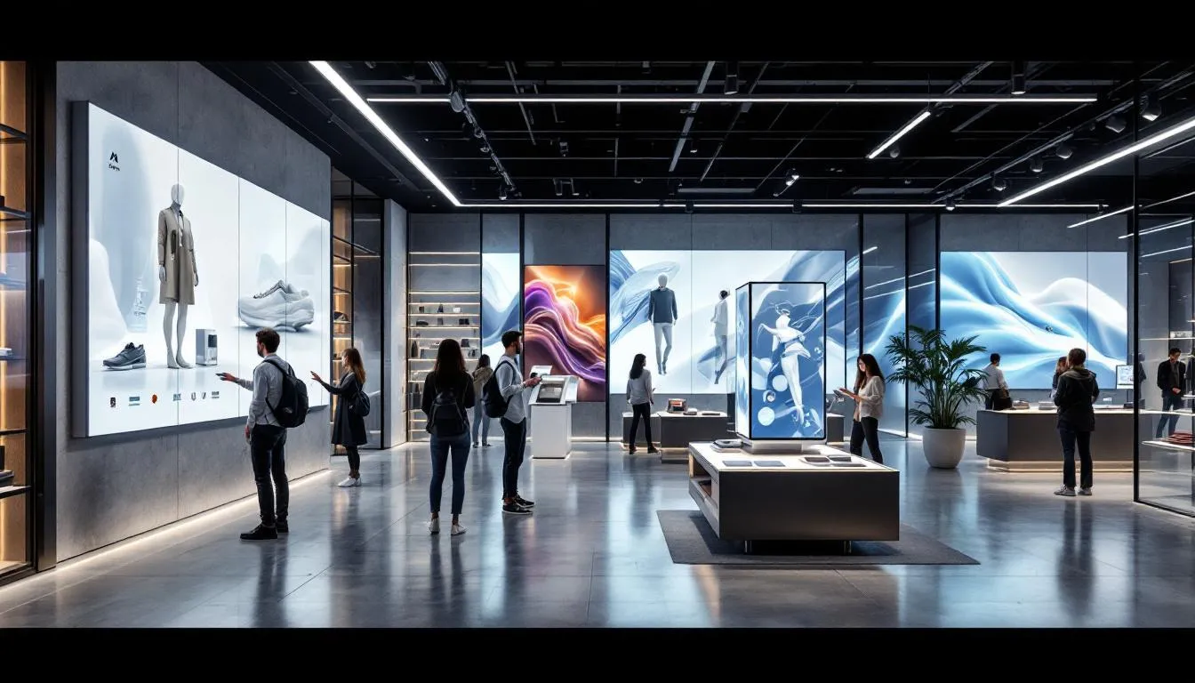 The image depicts a modern retail store interior featuring sleek digital displays and interactive technology that enhance the customer experience. This environment showcases the retail digital transformation, integrating physical and digital touchpoints to improve customer satisfaction and streamline operations.