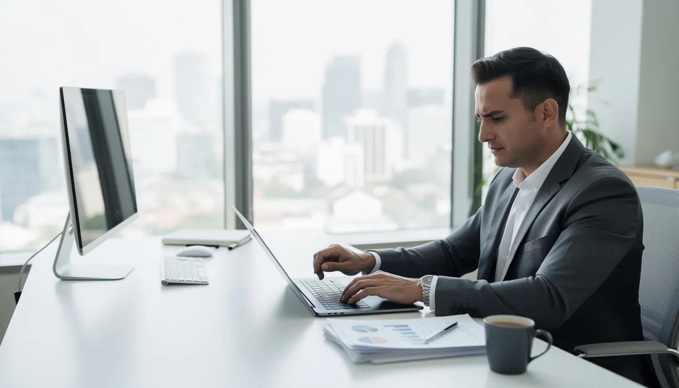A professional is seated at a modern office desk, intently reviewing loan documents on a laptop, which highlights the loan origination process. The workspace is organized and reflects a focus on operational efficiency within financial institutions, emphasizing the importance of data integrity and compliance in the lending process.