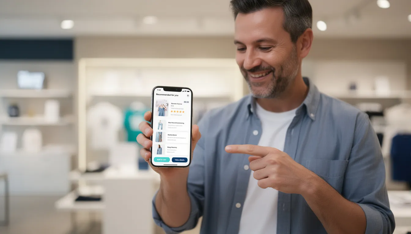 A customer is engaged with a smartphone displaying a personalized shopping recommendation interface, showcasing how artificial intelligence and digital transformation enhance customer experiences. The screen reflects targeted marketing strategies, driven by AI technologies and data analytics, to optimize the shopping process and improve customer satisfaction.