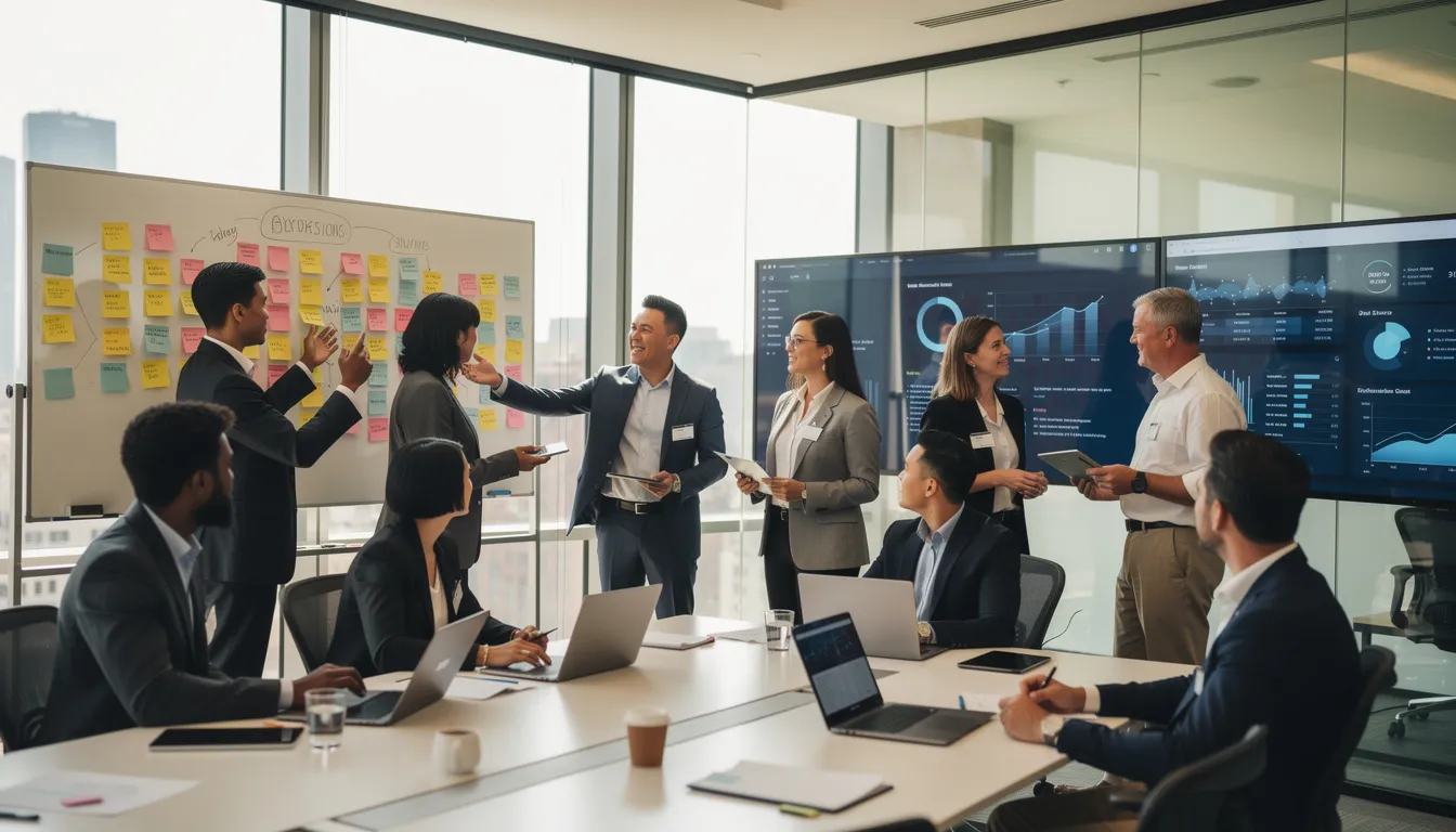 The image depicts a diverse group of business professionals collaborating in a workshop, surrounded by sticky notes and digital screens, as they engage in discussions about change management strategies for digital transformation initiatives. This scene illustrates the importance of effective communication and teamwork in navigating the ongoing process of organizational change.
