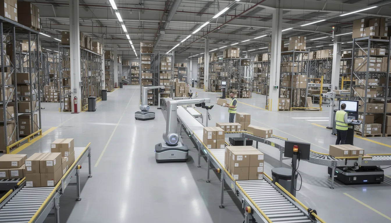 The image depicts a modern warehouse interior featuring advanced robotic systems and conveyor belts efficiently transporting packages, highlighting the impact of digital supply chain transformation on warehouse operations. This dynamic environment showcases how integrating digital technologies enhances supply chain efficiency and meets evolving customer demands.