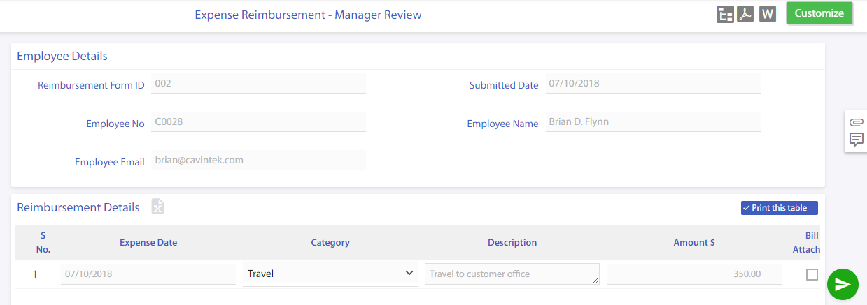 expense reimbursement submission for manager approval